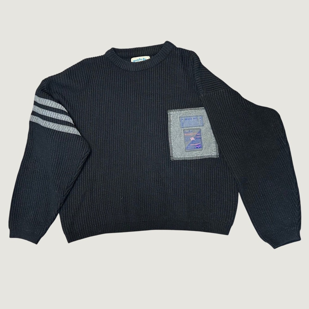 Bugle Boy Sweater Men Medium Black Vintage 90s Shaker Knit Patch Pocket Striped